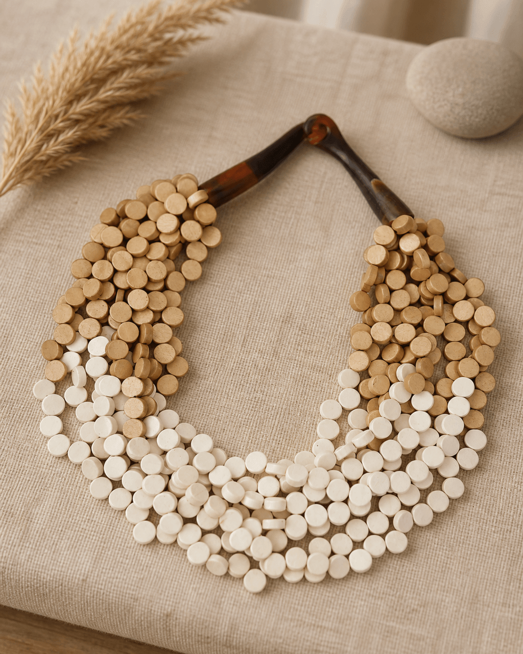 Multi-Strand Wood Disc Bib Necklace, Cream-to-Beige Ombré