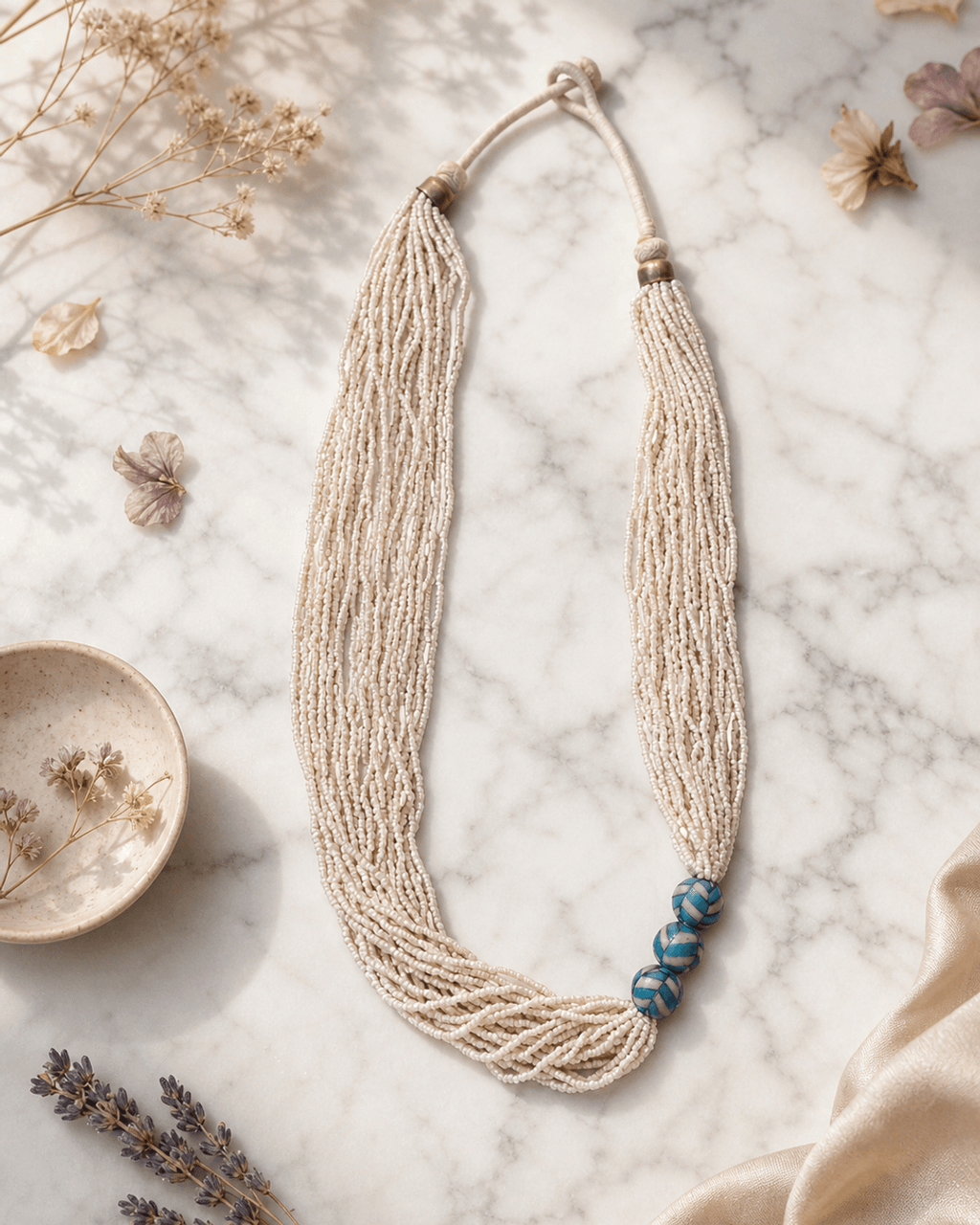 Blue-Painted Ceramic Trio Multi-Strand Bead Necklace