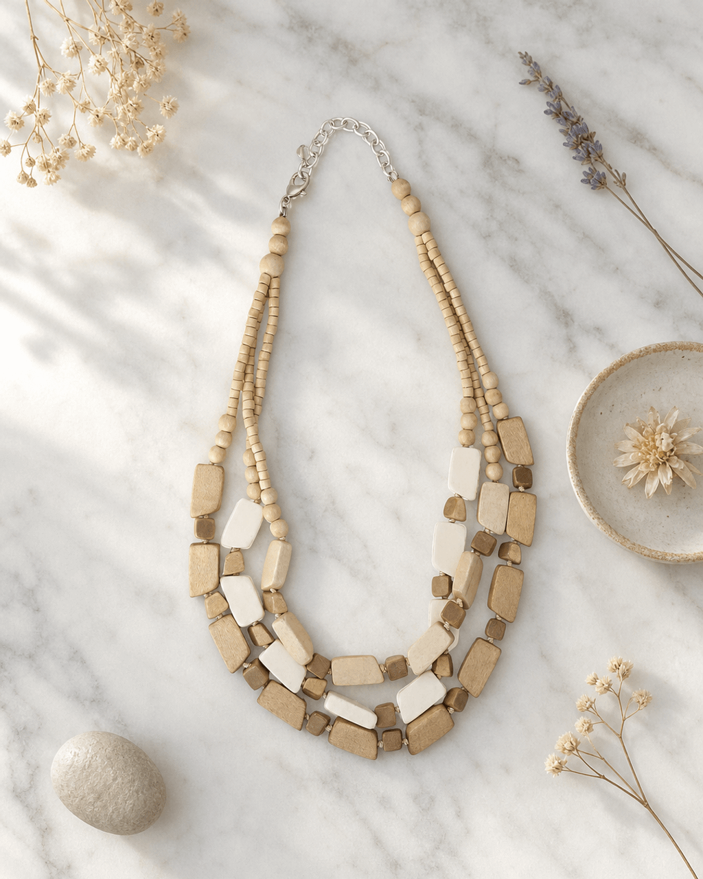 Three-Strand Wood Bead Necklace in Cream and Tan