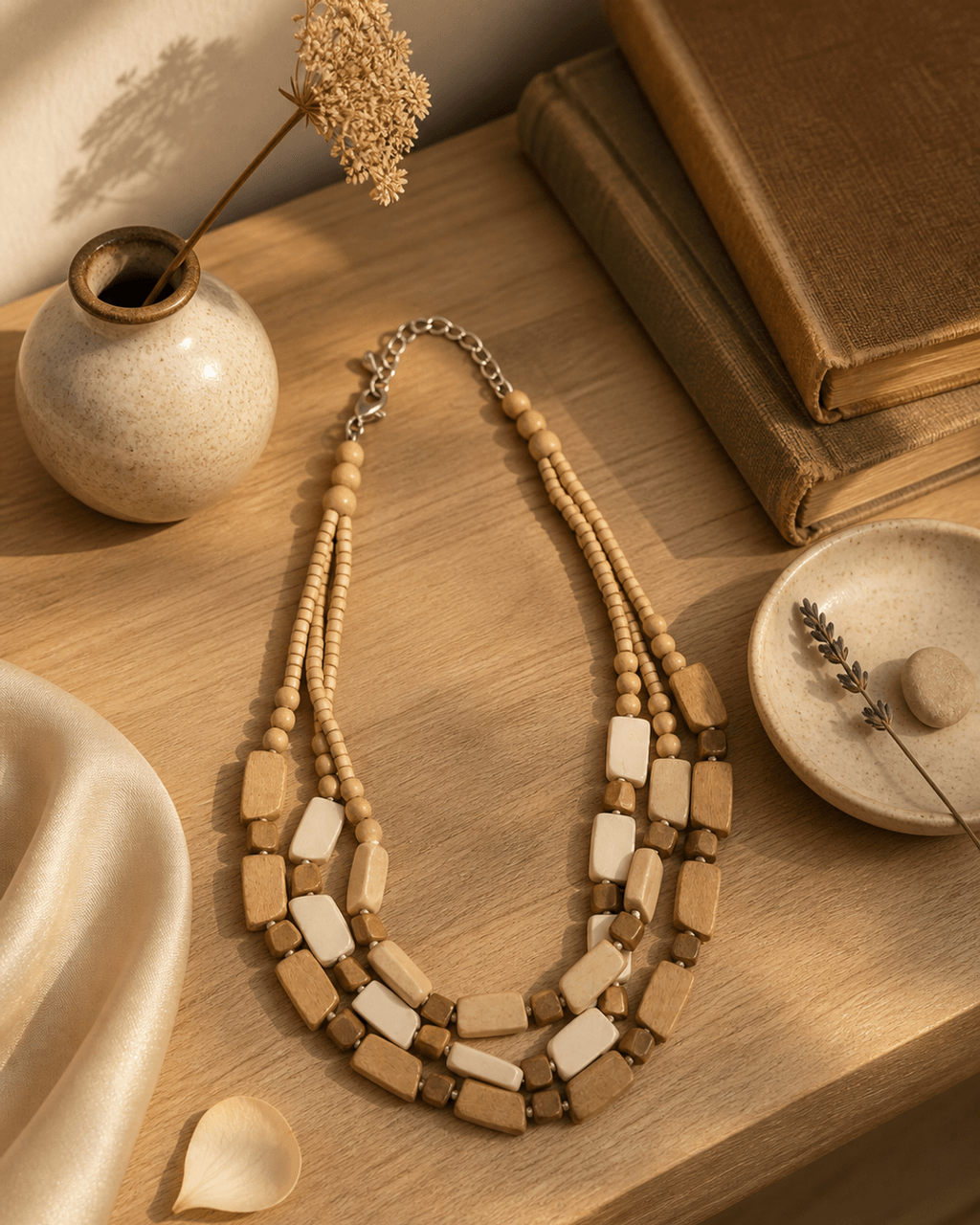 Three-Strand Wood Bead Necklace in Cream and Tan