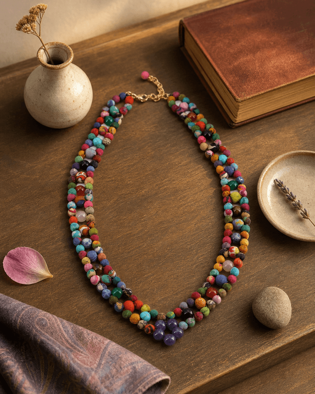 Three-Strand Bead Necklace with Amethyst Anchor