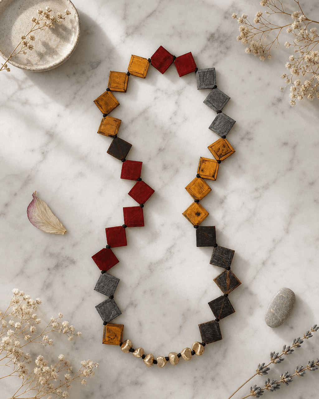 Diamond-Set Horn and Brass Bead Necklace