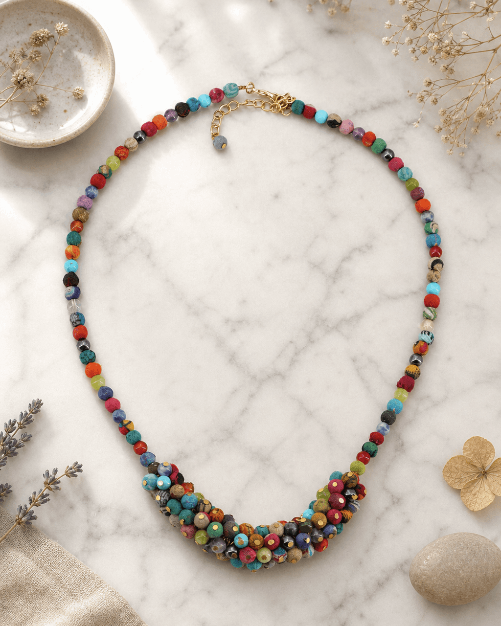 Multicolor Bead Cluster Collar in Fabric and Gemstone