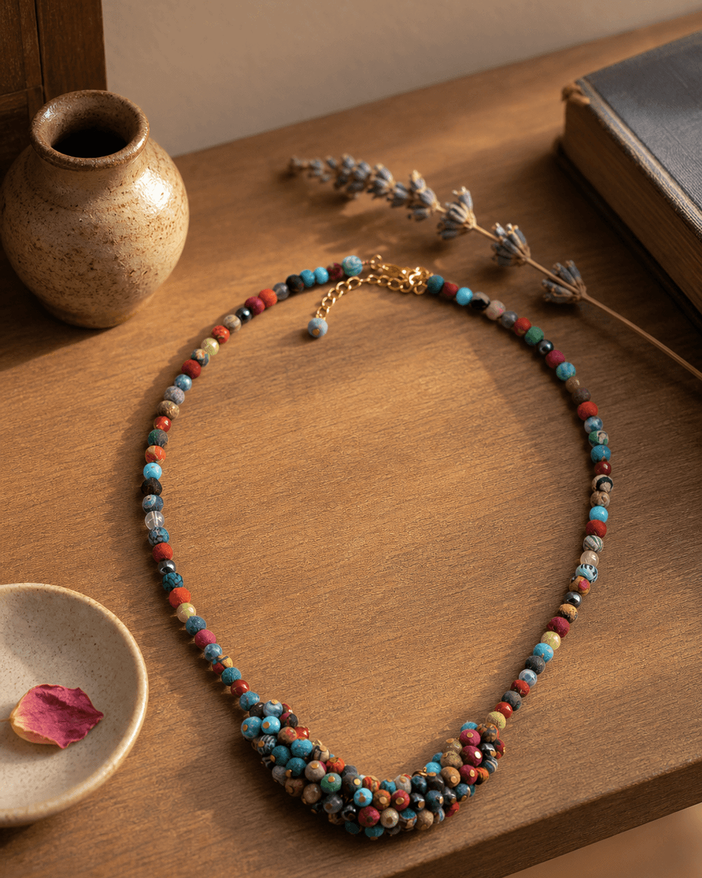 Multicolor Bead Cluster Collar in Fabric and Gemstone