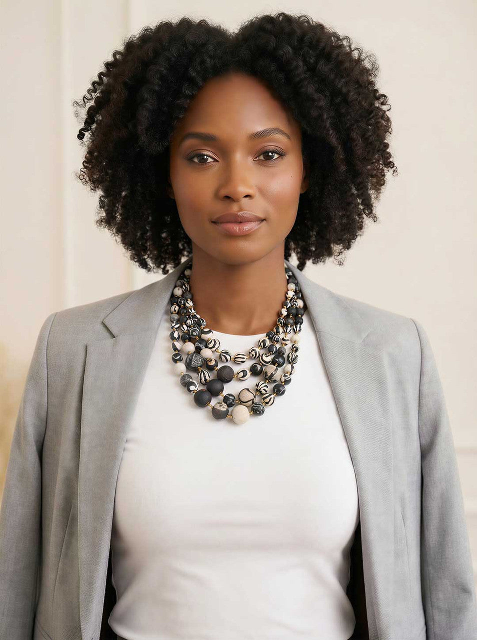 Four-Strand Fabric Bead Necklace, Black and Cream