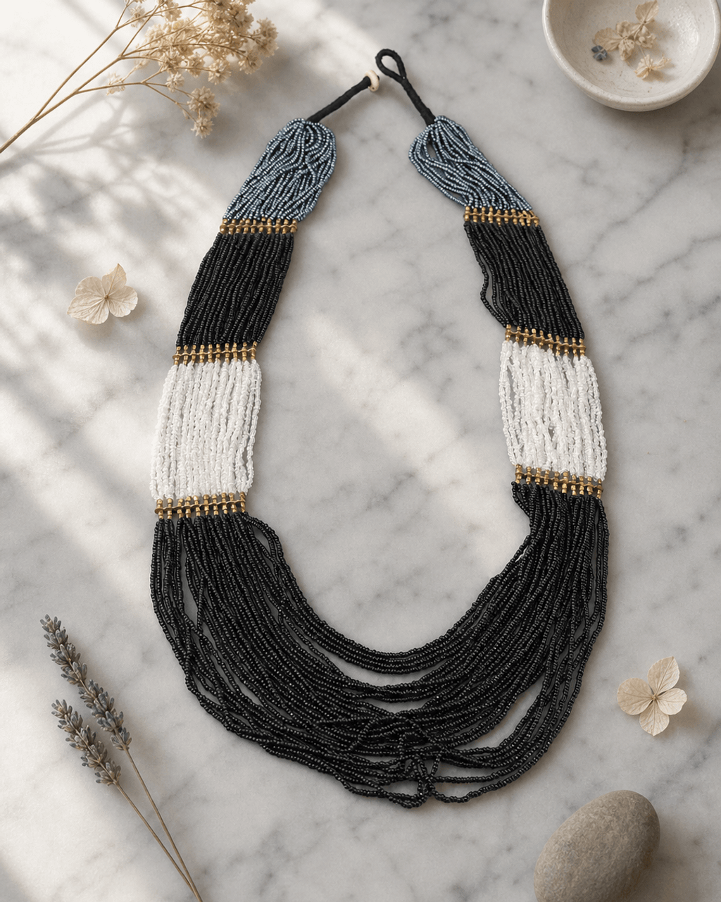 Multi-Strand Seed Bead Rope in Black, Gray and Ivory