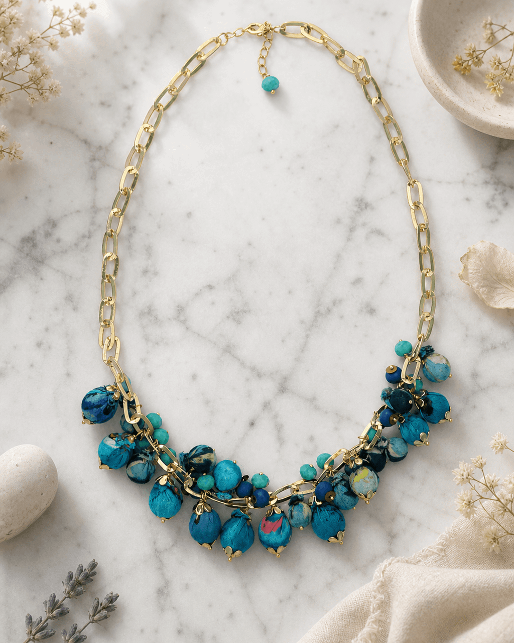Blue Fabric Bead Cluster Bib Necklace