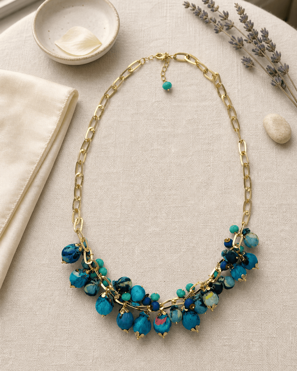 Blue Fabric Bead Cluster Bib Necklace