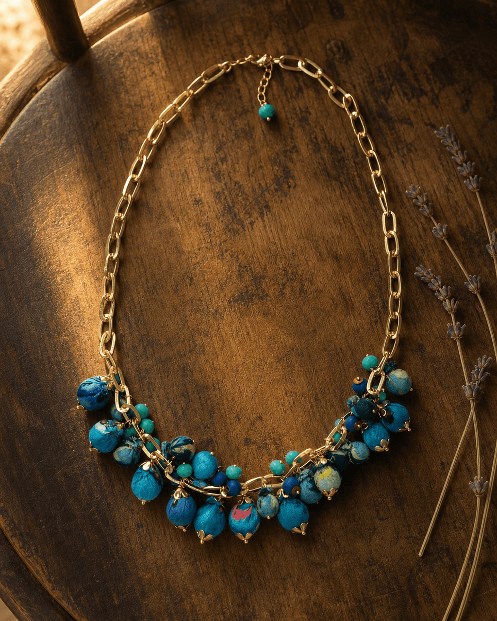 Blue Fabric Bead Cluster Bib Necklace