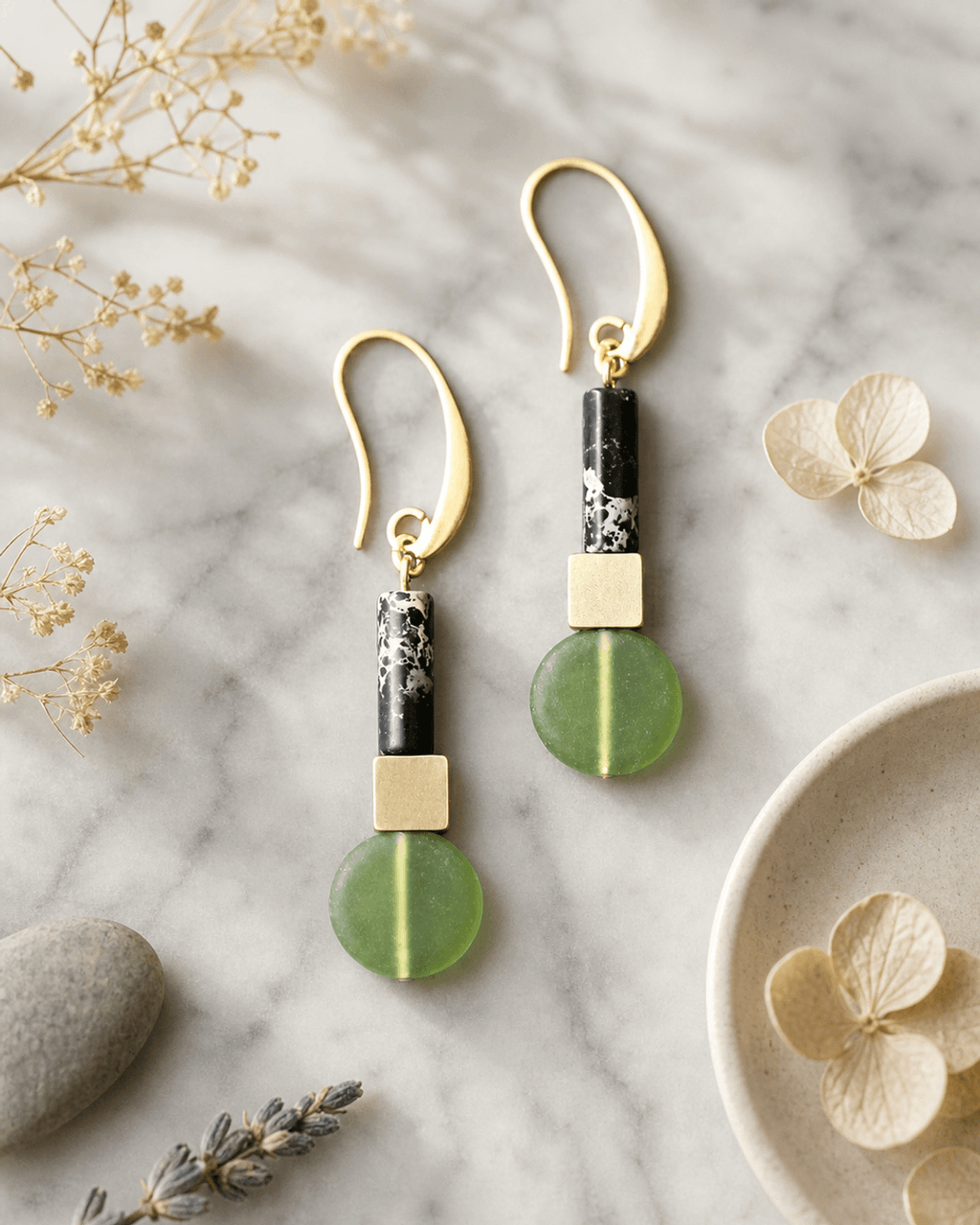 Cylinder, Cube and Disc Drop Earrings in Black, Brass and Olivine