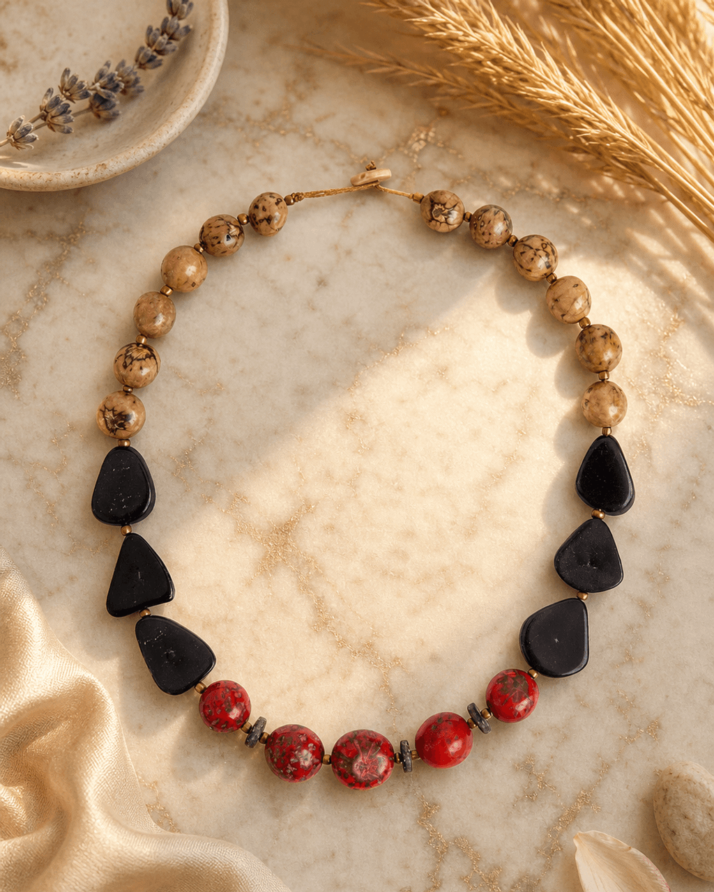 Olmedo Charcoal, Red and Tan Seed Necklace
