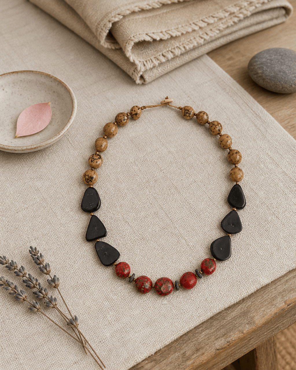 Olmedo Charcoal, Red and Tan Seed Necklace