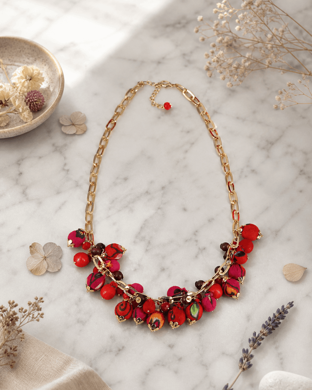 Fabric-Wrapped Bead Bib Necklace in Red, Crimson and Magenta