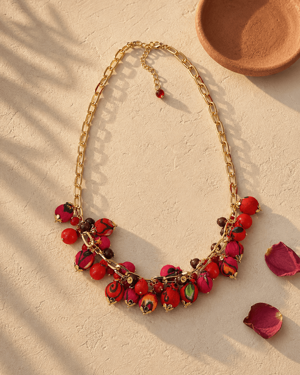 Fabric-Wrapped Bead Bib Necklace in Red, Crimson and Magenta