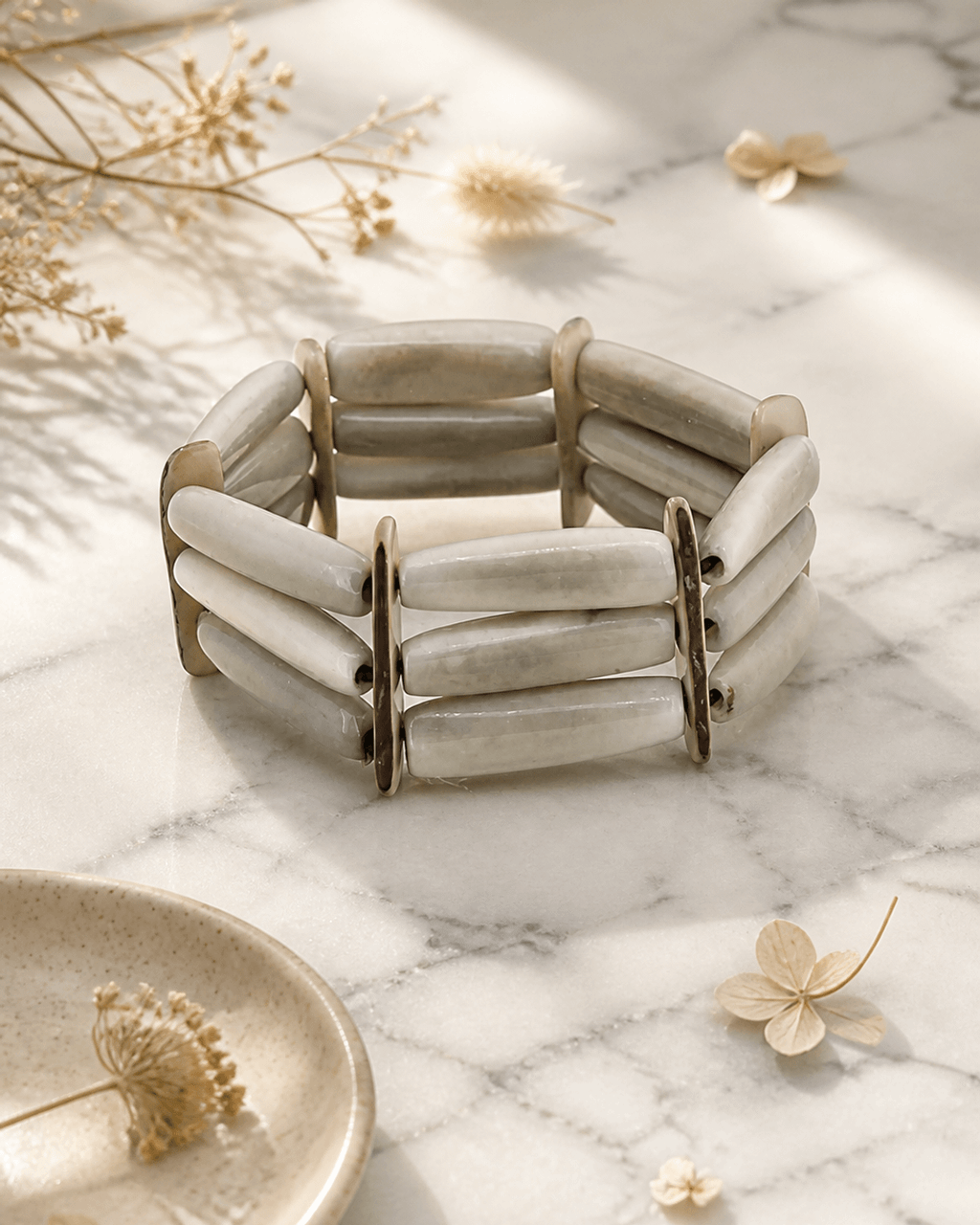 Three-Row Tagua Tube Bracelet, Pale Gray-Green