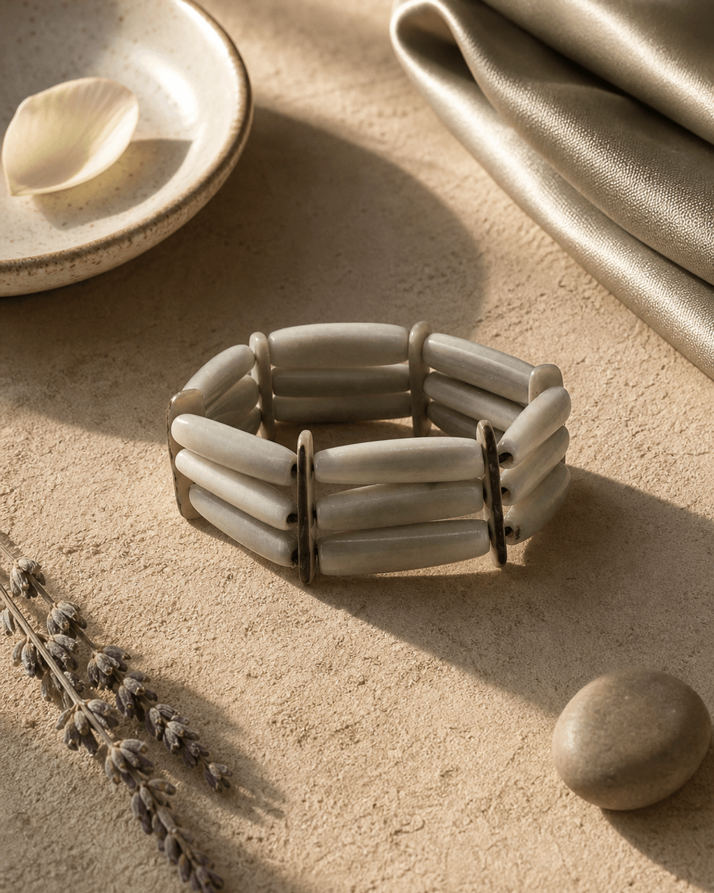 Three-Row Tagua Tube Bracelet, Pale Gray-Green