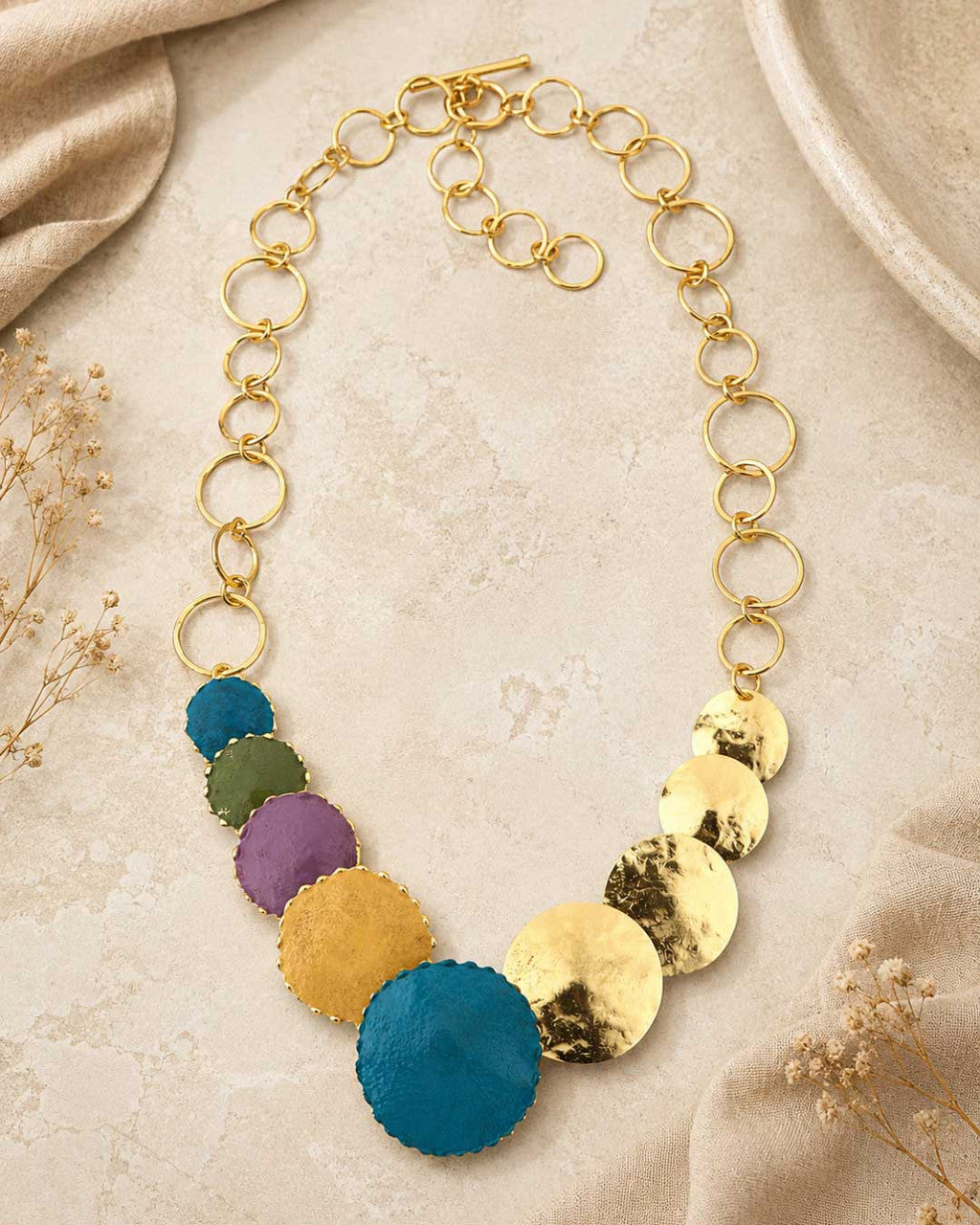 Disc Cascade Necklace in Patina and Gold