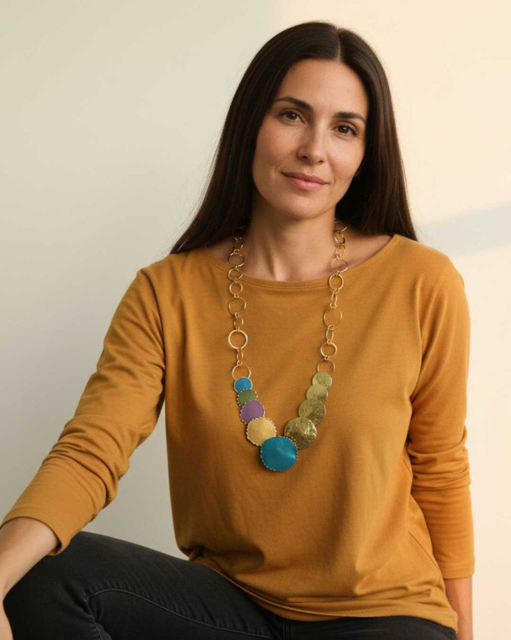 Disc Cascade Necklace in Patina and Gold