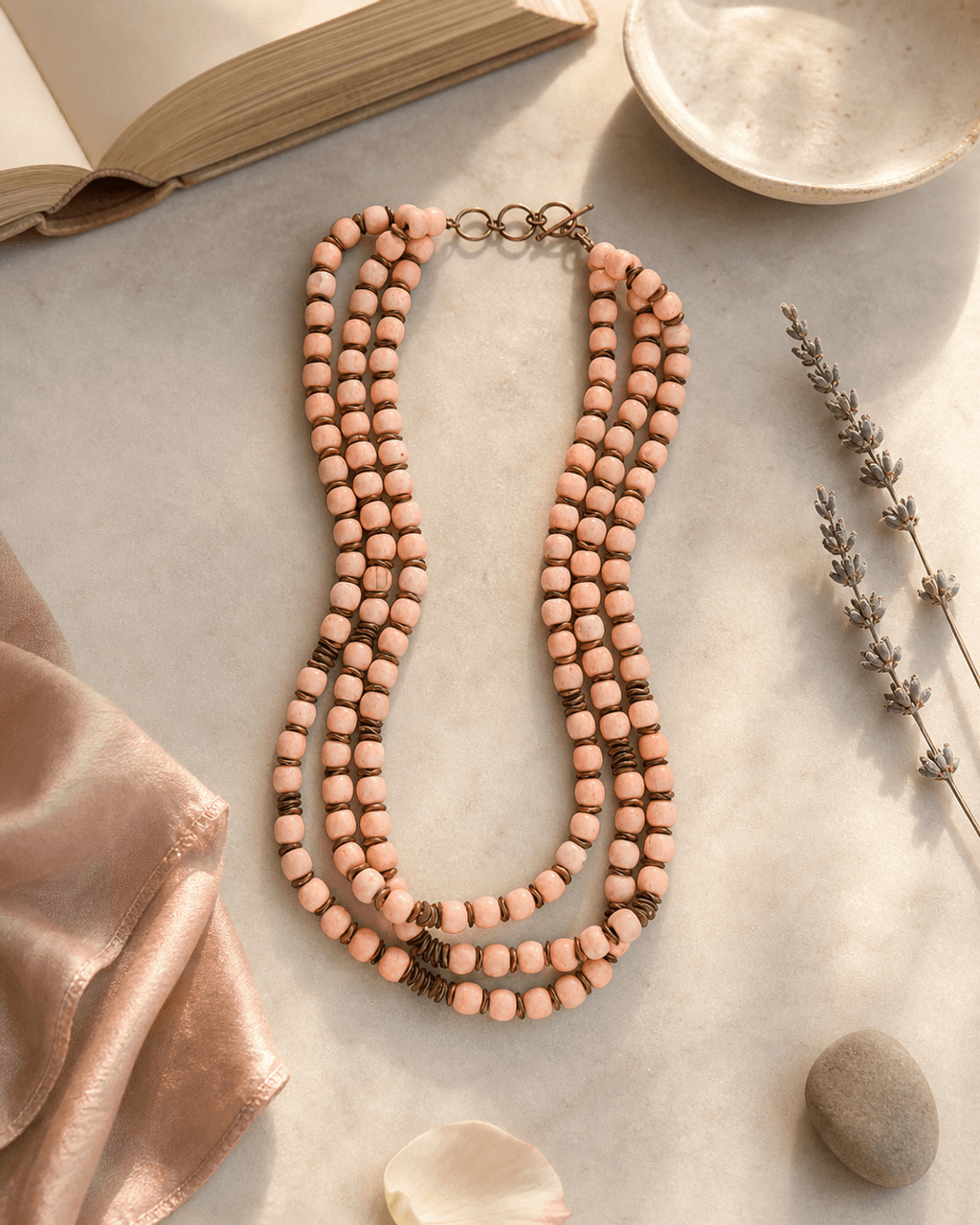 Three-Strand Peach Wood Bead Necklace with Wavy Brass Spacers