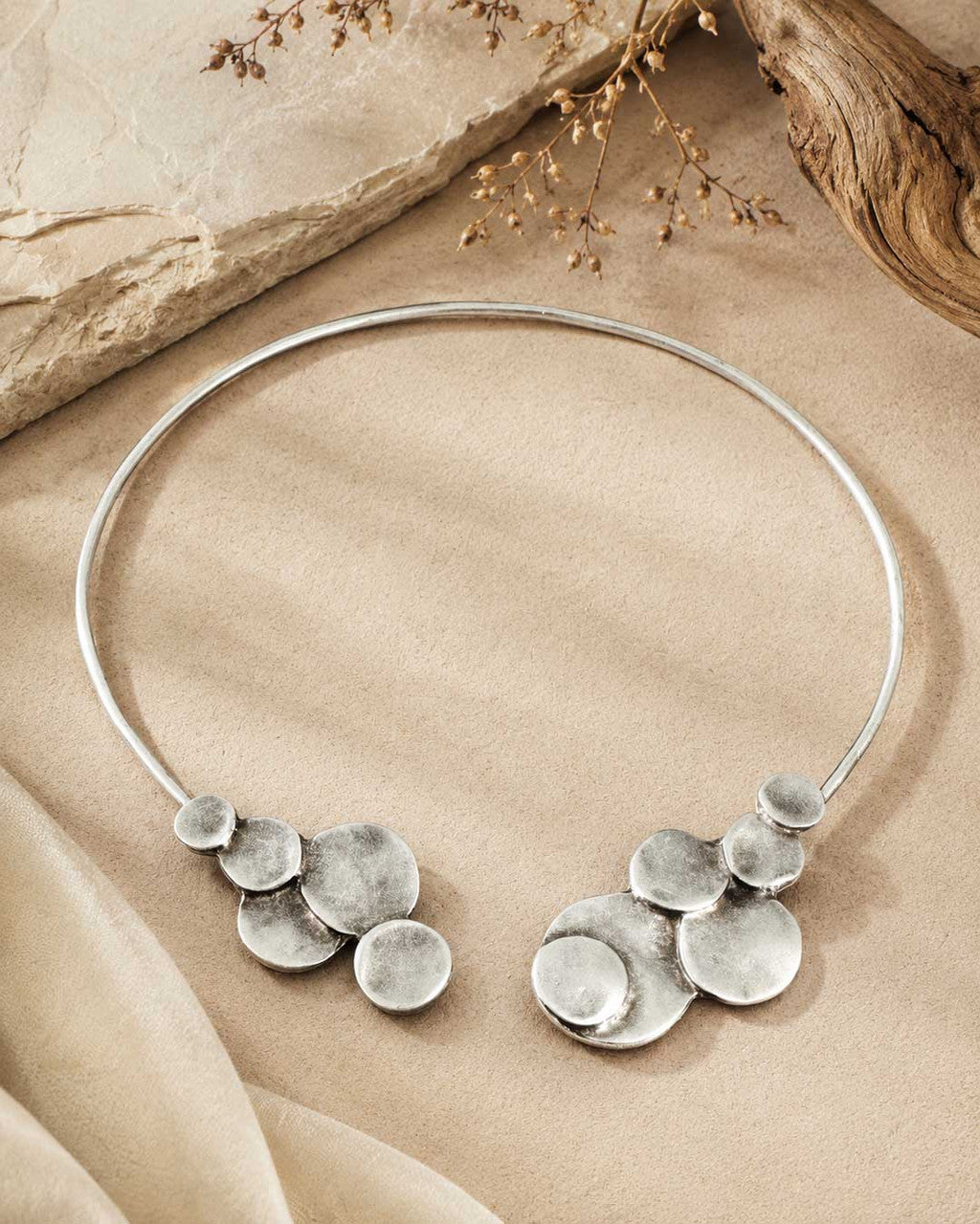 Silver-Toned Collar Necklace with Overlapping Disc Clusters