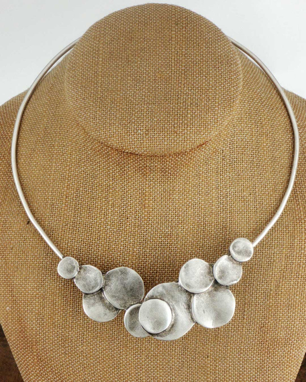 Silver-Toned Collar Necklace with Overlapping Disc Clusters