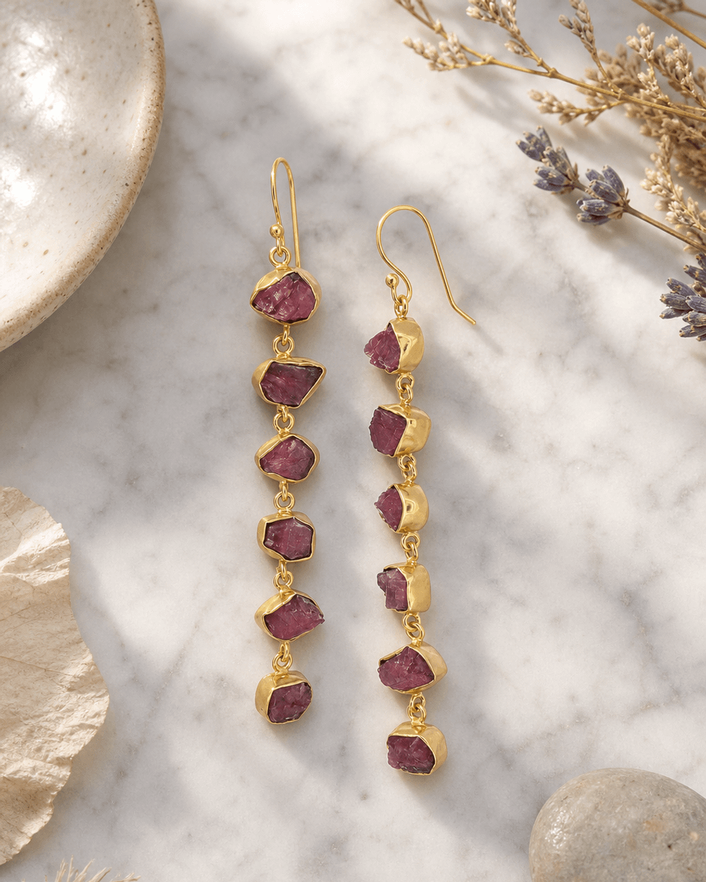 Raw Tourmaline Six-Stone Drop Earrings