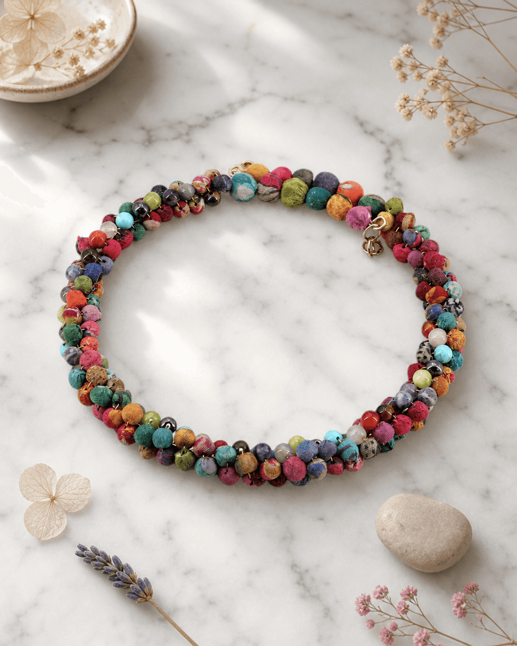 Mixed-Color Fabric-Wrapped Bead Collar Necklace