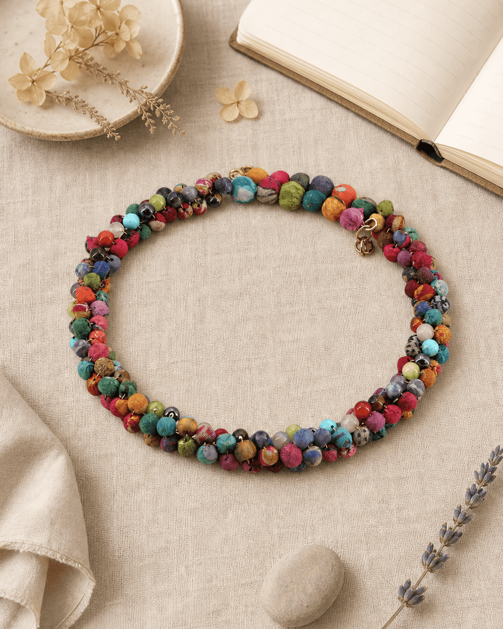 Mixed-Color Fabric-Wrapped Bead Collar Necklace