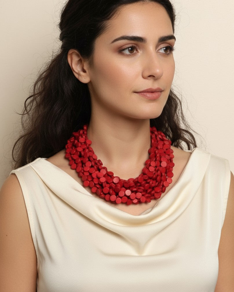Red Wood Disc Multi-Strand Collar