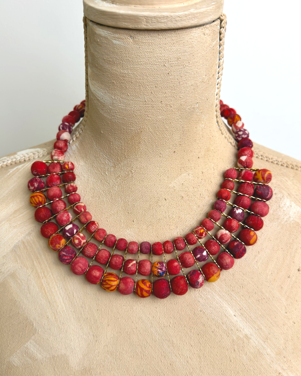 Four-Row Bib Necklace in Shifting Reds