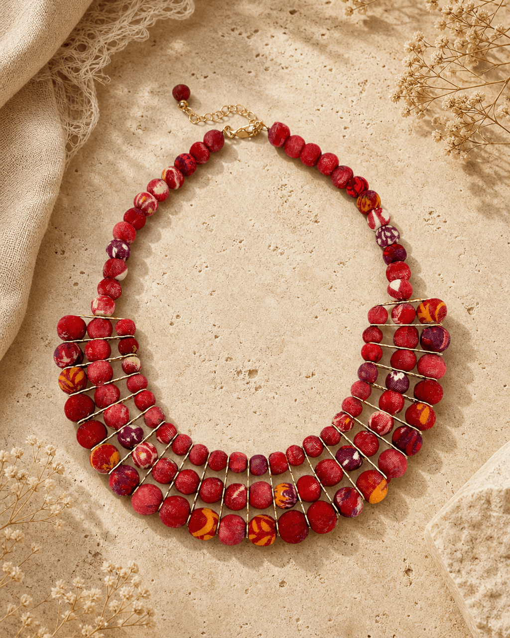 Four-Row Bib Necklace in Shifting Reds