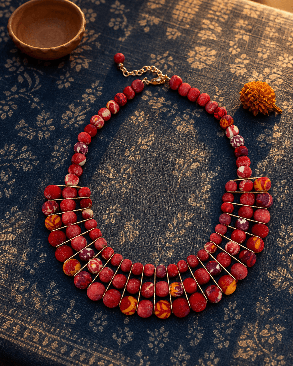Four-Row Bib Necklace in Shifting Reds