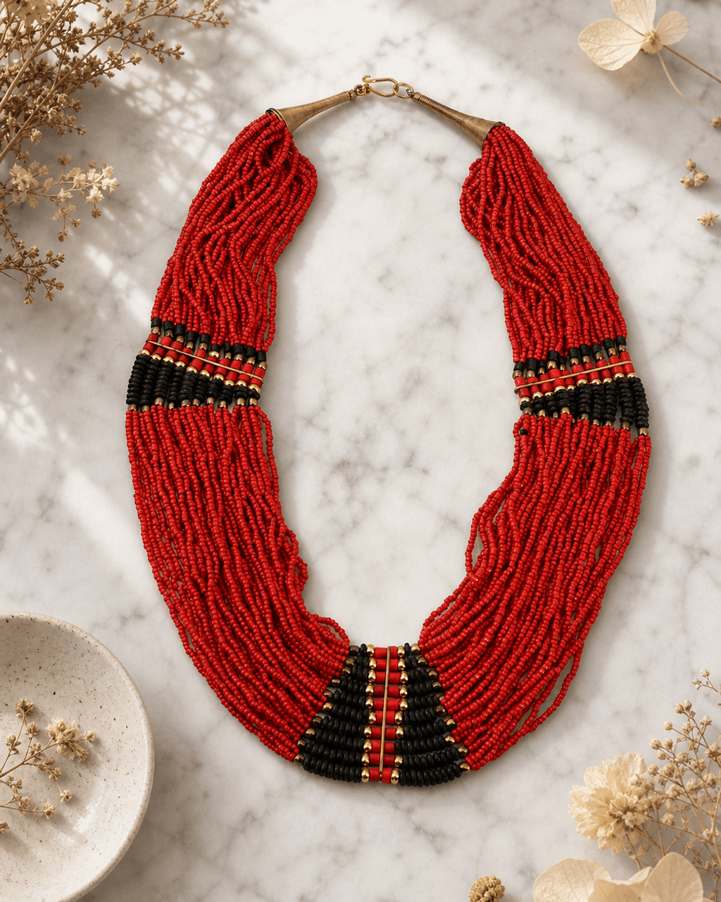 Red Seed Bead Collar Necklace with Black and Gold Panels