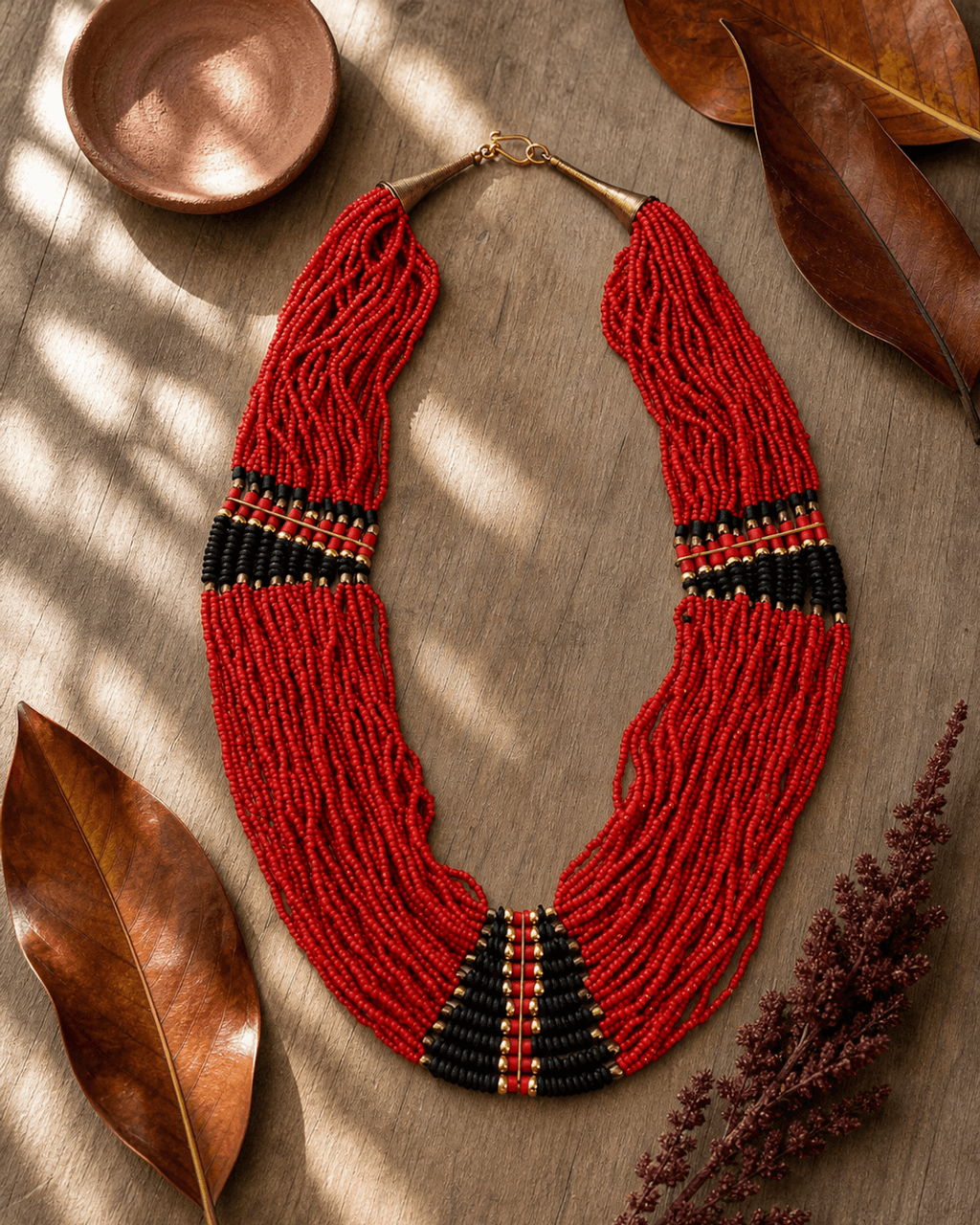 Red Seed Bead Collar Necklace with Black and Gold Panels