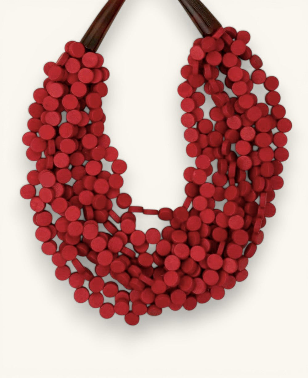 Red Wood Disc Multi-Strand Collar