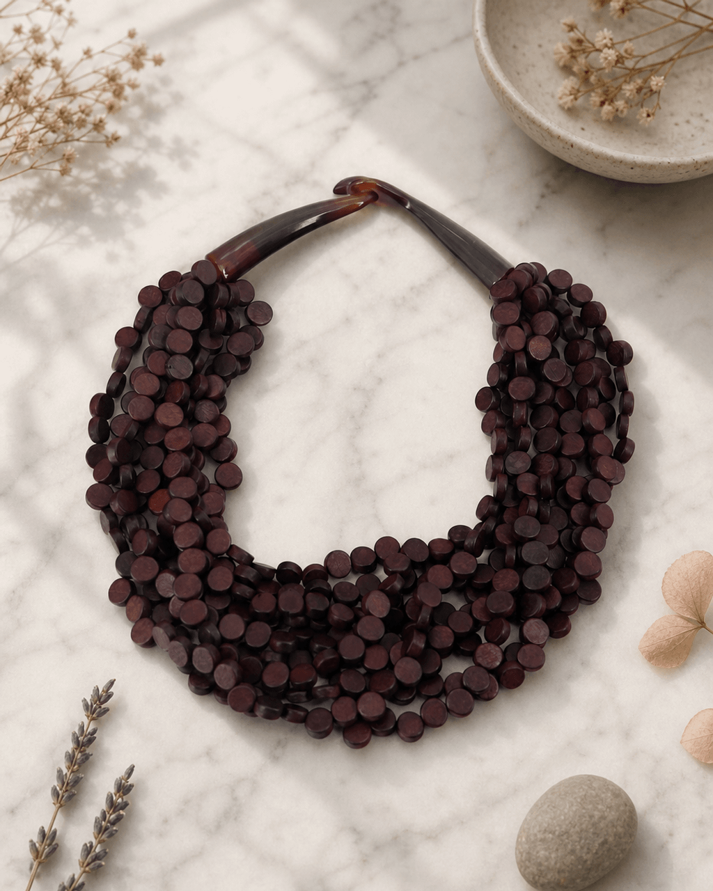 Twisted Multi-Strand Wood Disc Necklace in Deep Brown