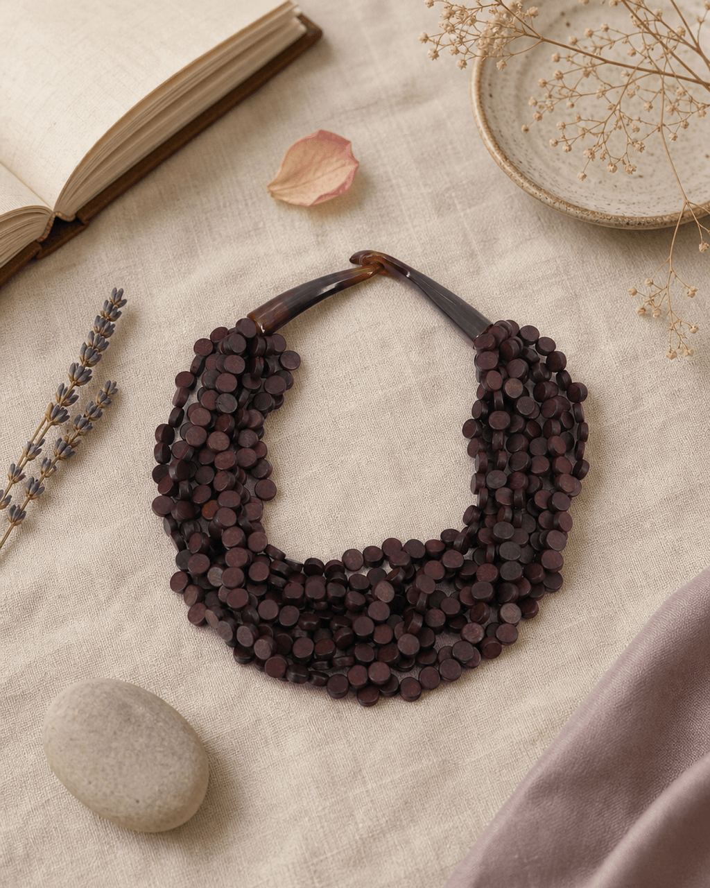 Twisted Multi-Strand Wood Disc Necklace in Deep Brown