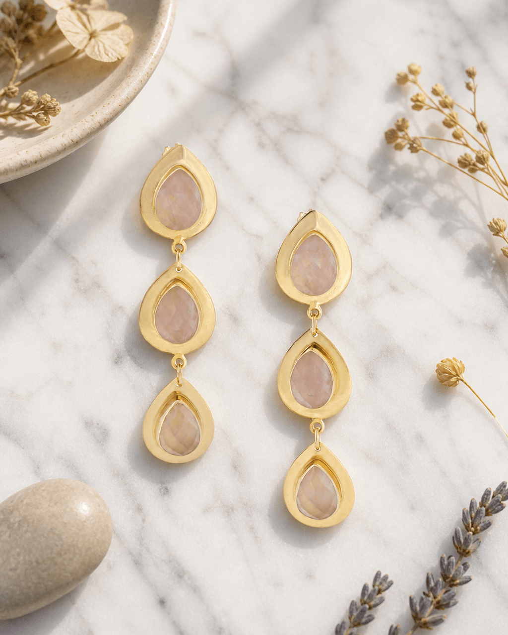 Triple Teardrop Rose Quartz Drop Earrings