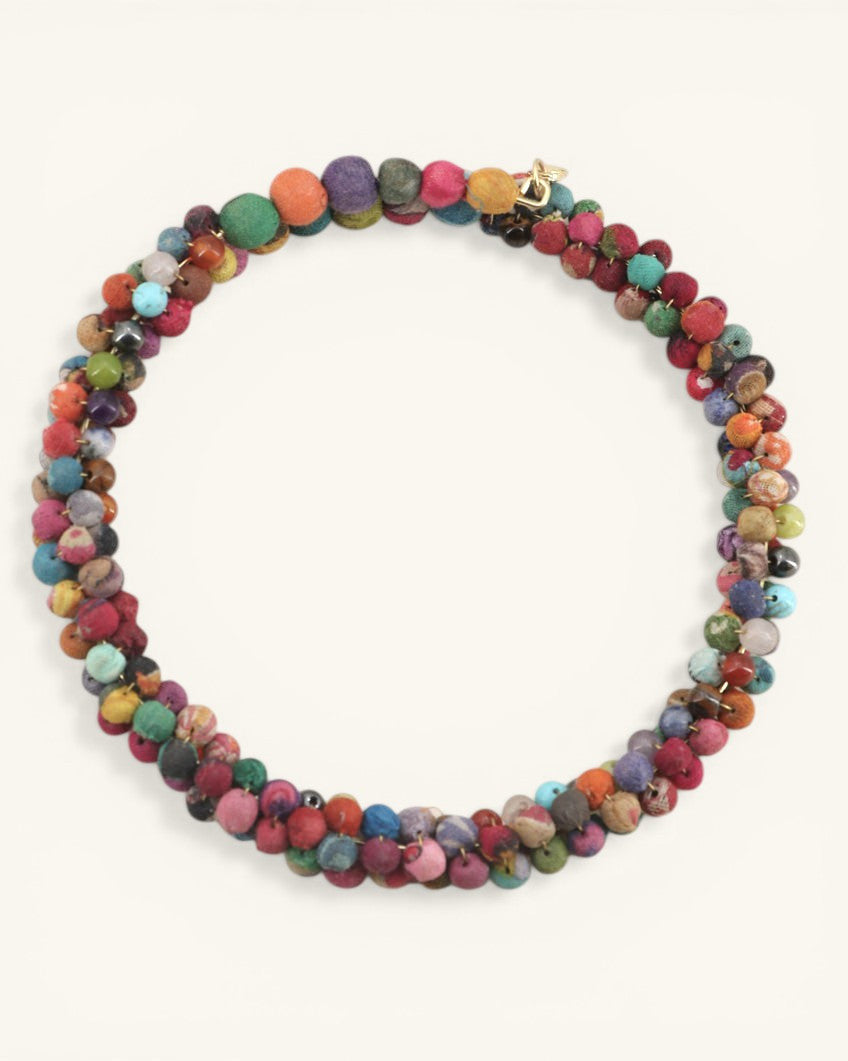 Mixed-Color Fabric-Wrapped Bead Collar Necklace