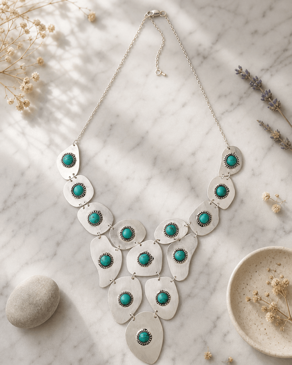 Freeform Plate Bib Necklace, Turquoise on Silver
