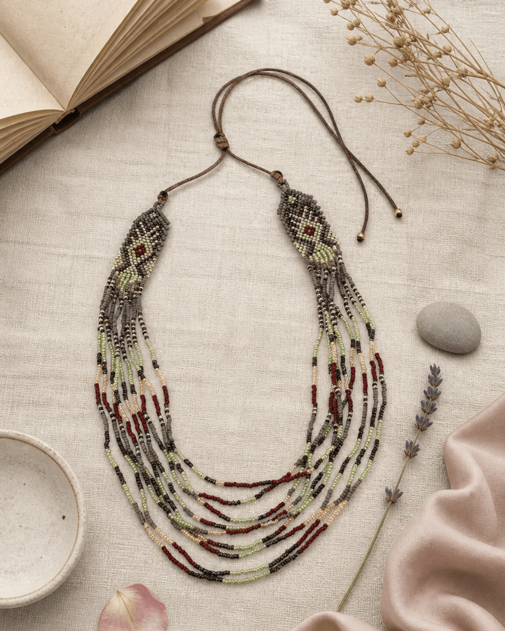 Diamond Medallion Multi-Strand Beaded Necklace