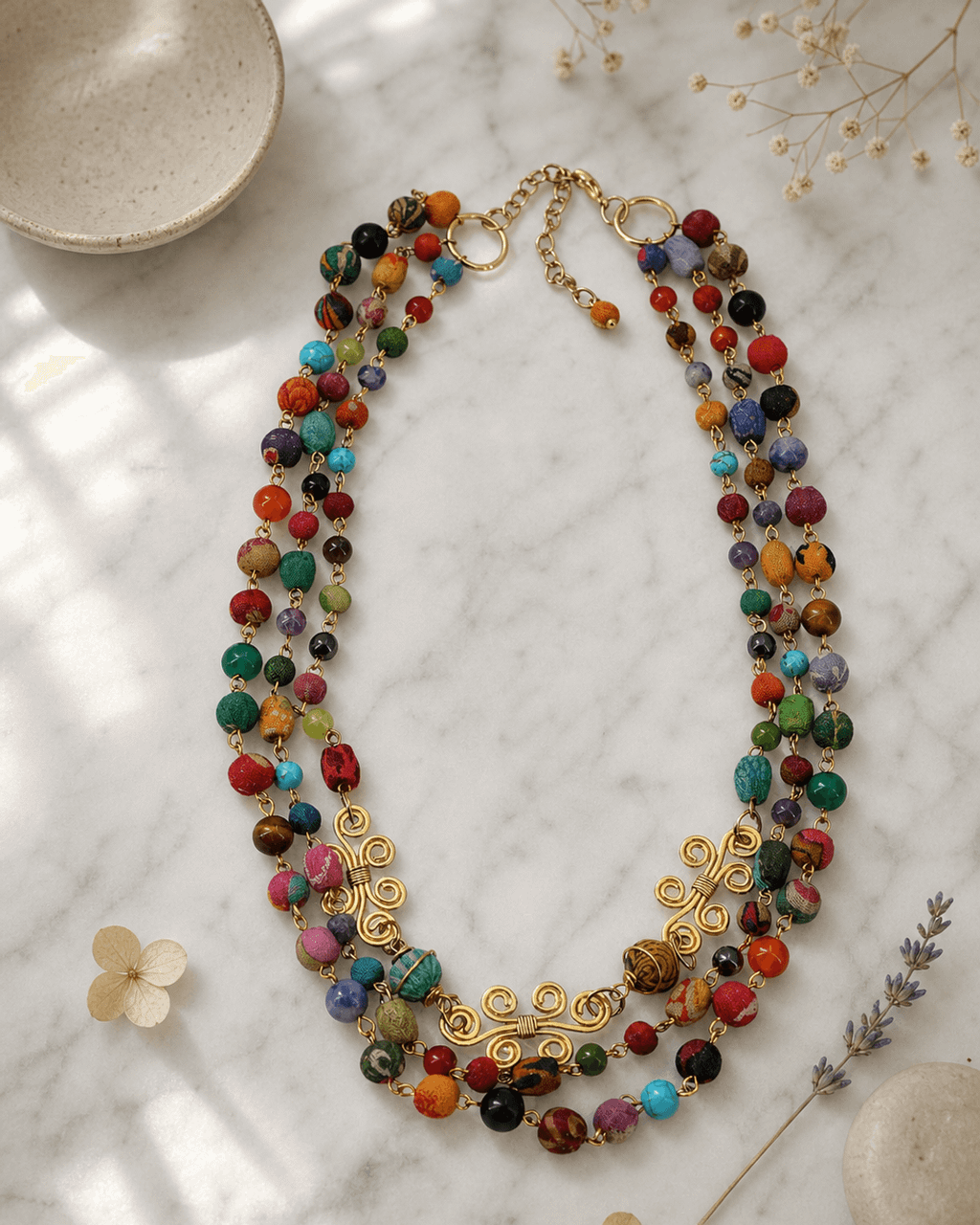 Triple-Strand Multicolor Bead Necklace with Brass Spirals