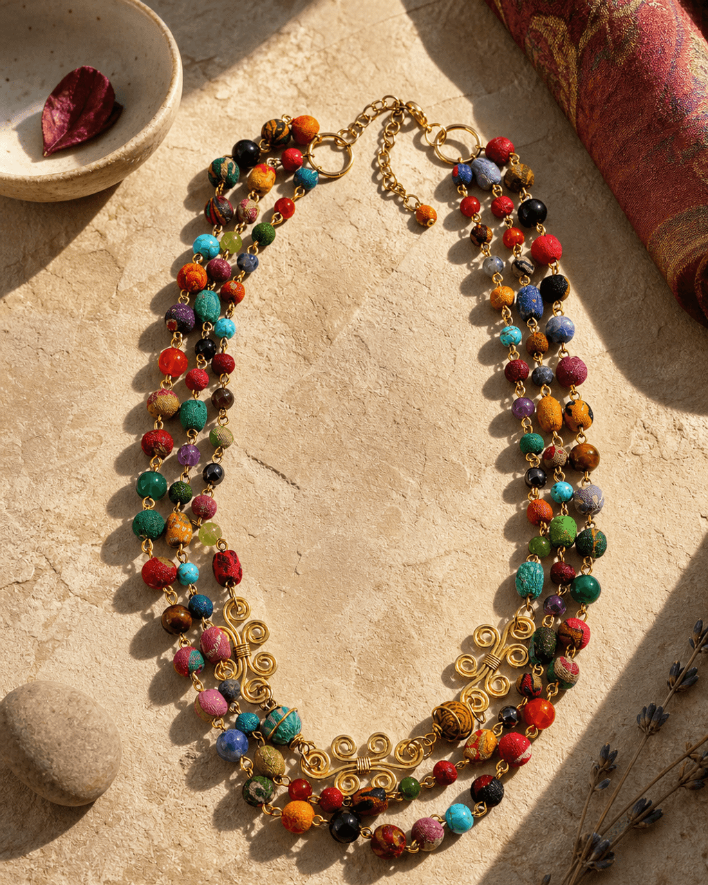 Triple-Strand Multicolor Bead Necklace with Brass Spirals