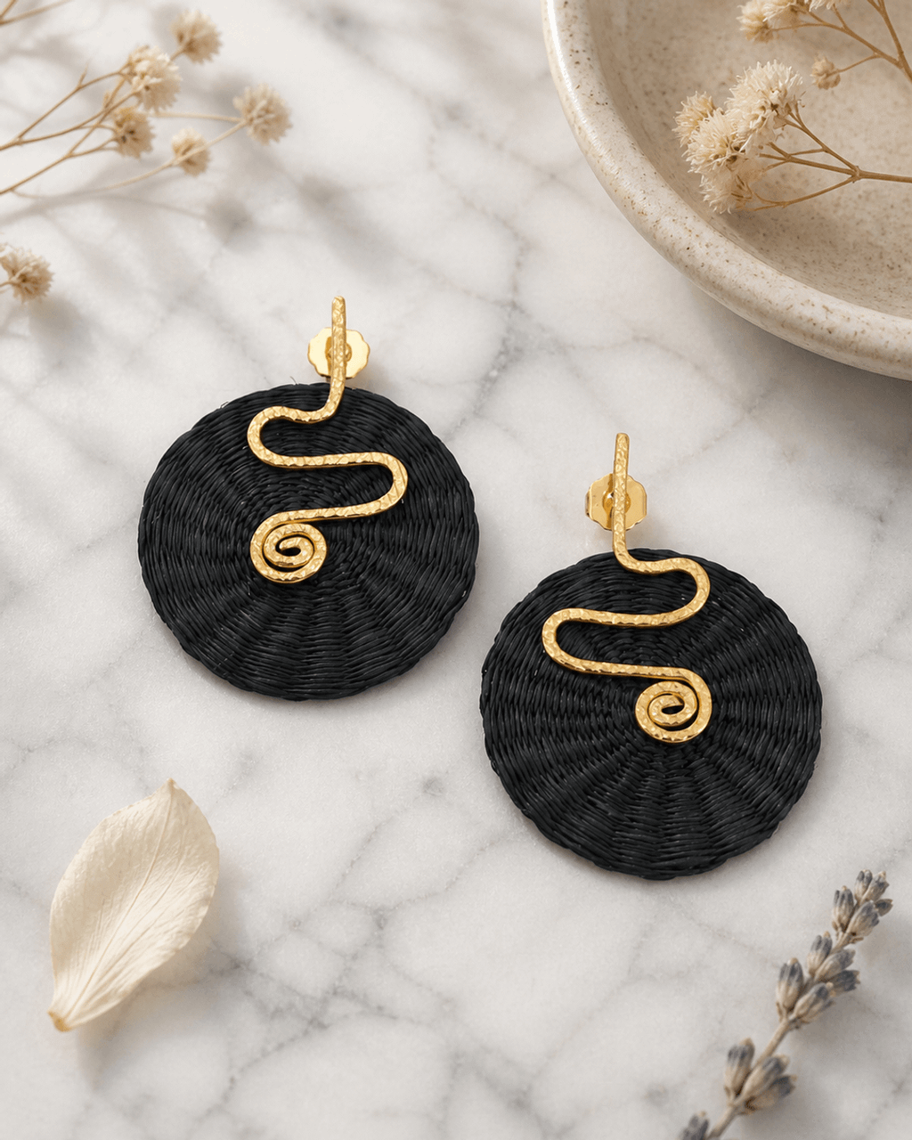 Woven Black Palm Earrings with Gold Spiral