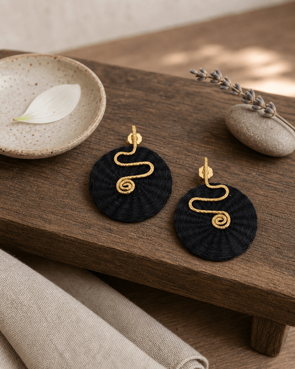 Woven Black Palm Earrings with Gold Spiral