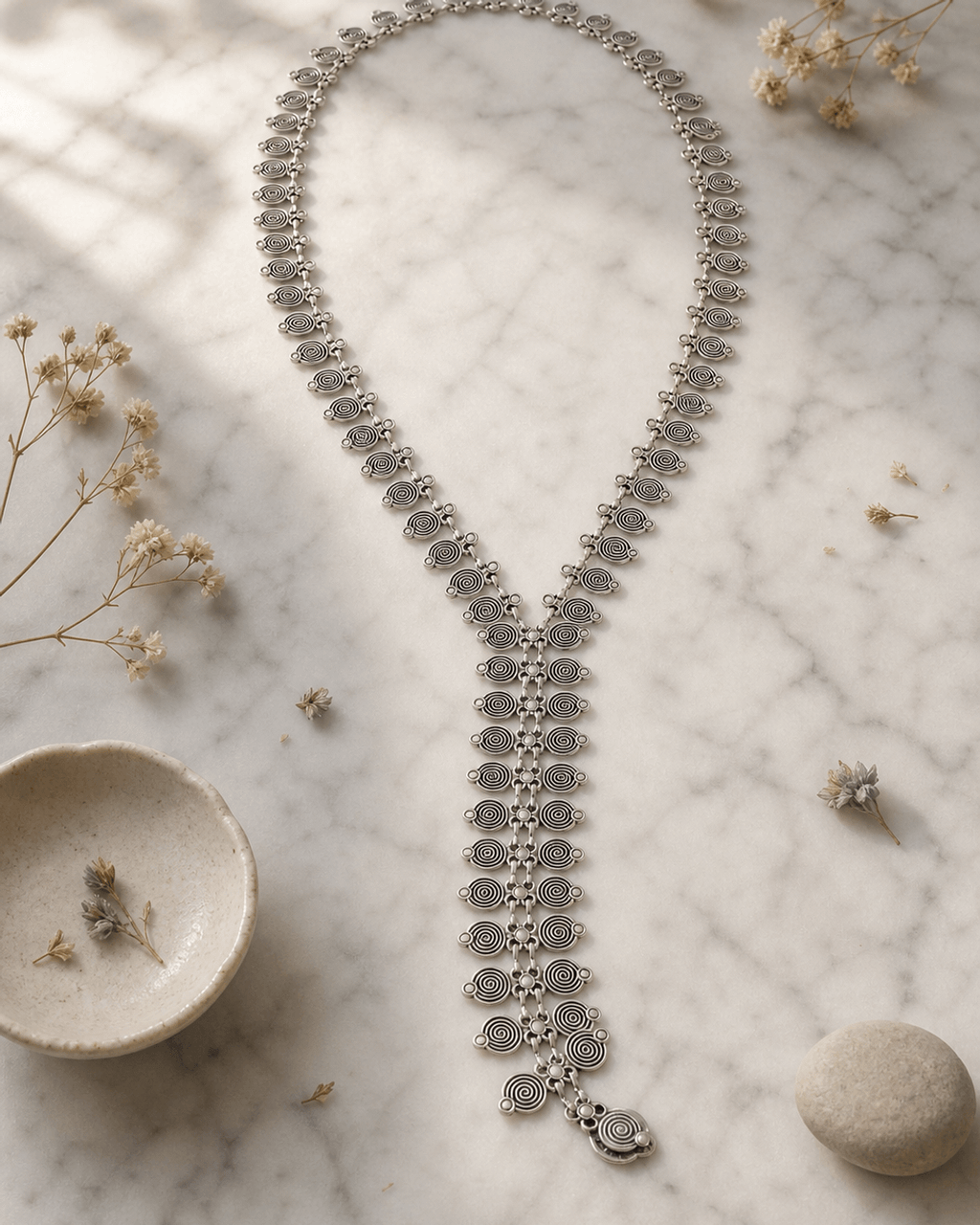 Spiral-Stamped Silver Y-Drop Necklace
