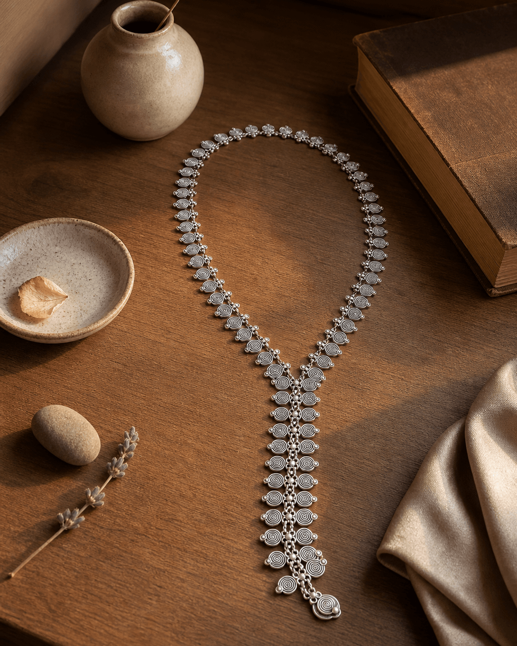 Spiral-Stamped Silver Y-Drop Necklace