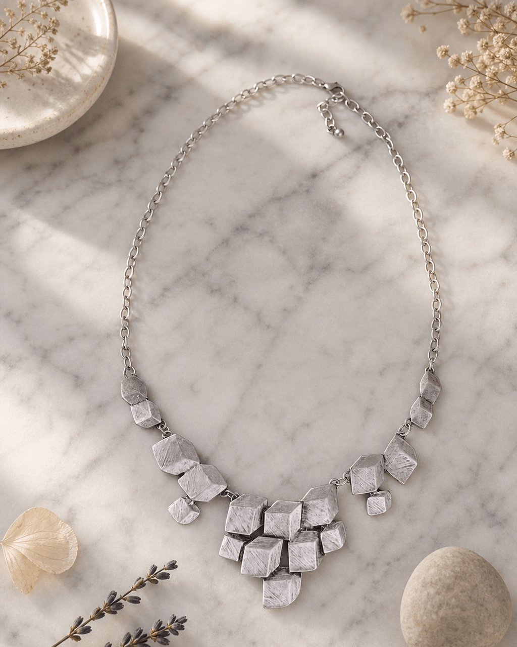 Stacked Cube Silver Bib Necklace