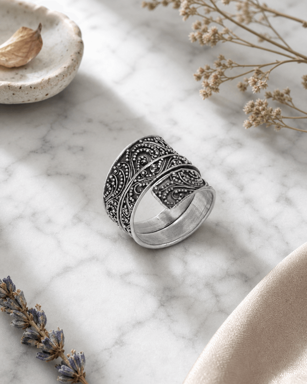 Filigree Scroll Wide Band Ring in Sterling Silver