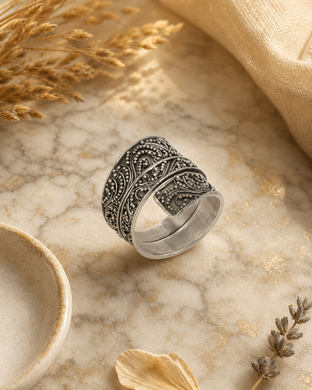 Filigree Scroll Wide Band Ring in Sterling Silver